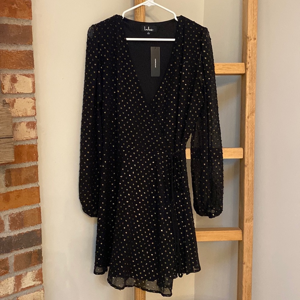 Lulus Black & Gold Long Sleeve Mini Wrap Dress